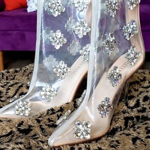 AZALEA WANG Nude Patent Clear and Rhinestone Pendant Ankle Boots/Booties sz 8.5